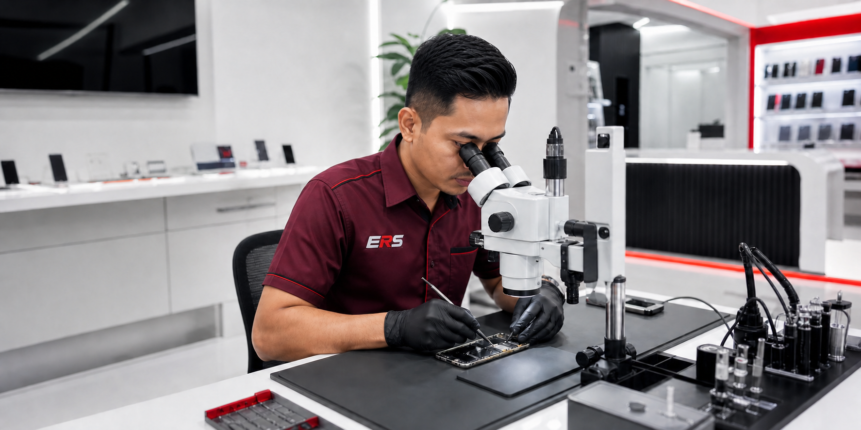 ERS Mobile Specialist technician using a microscope to repair a mobile phone in store